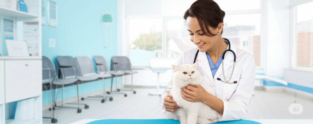 Dra. Aline Simões com um gato na clínica Maali Vet Care